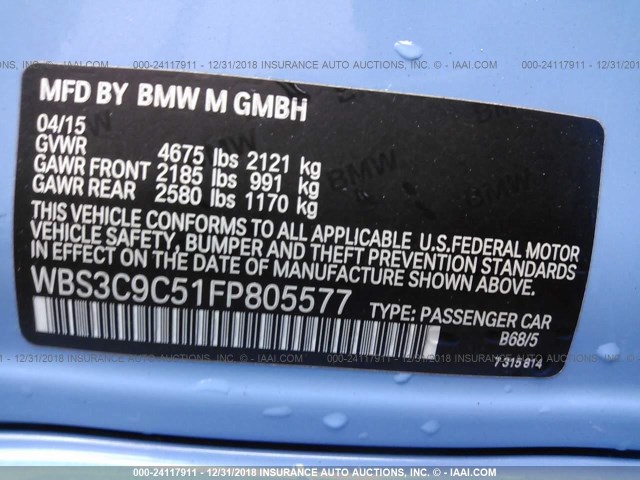 WBS3C9C51FP805577 - 2015 BMW M3 BLUE photo 9