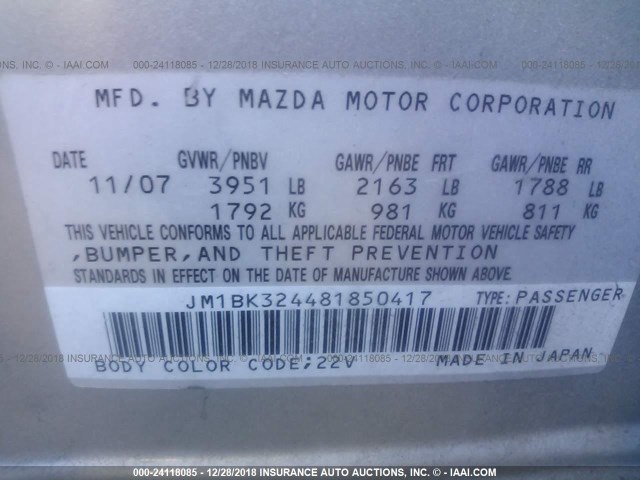 JM1BK324481850417 - 2008 MAZDA 3 S SILVER photo 9