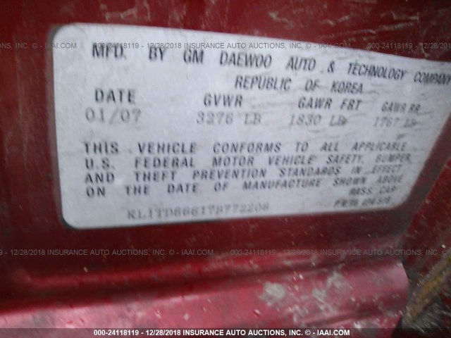 KL1TD66617B772206 - 2007 CHEVROLET AVEO LS RED photo 9