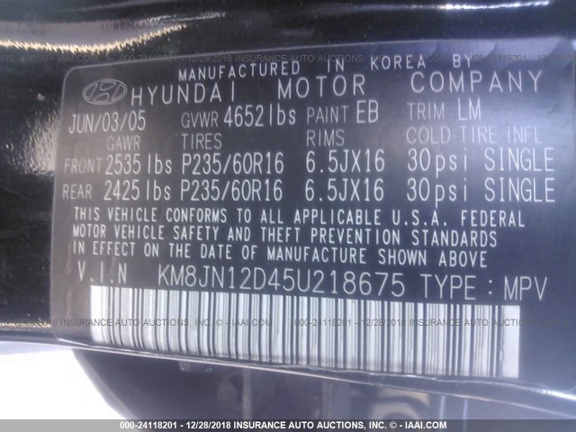 KM8JN12D45U218675 - 2005 HYUNDAI TUCSON GLS/LX BLACK photo 9