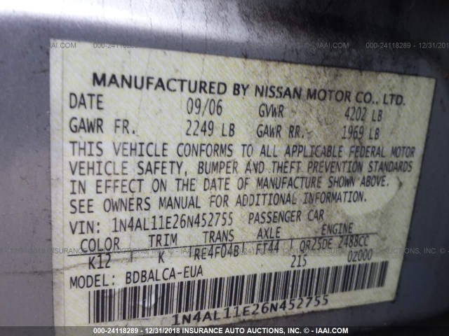 1N4AL11E26N452755 - 2006 NISSAN ALTIMA S/SL SILVER photo 9