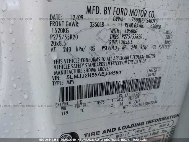 5LMJJ2H55AEJ04560 - 2010 LINCOLN NAVIGATOR Ақ фото 9