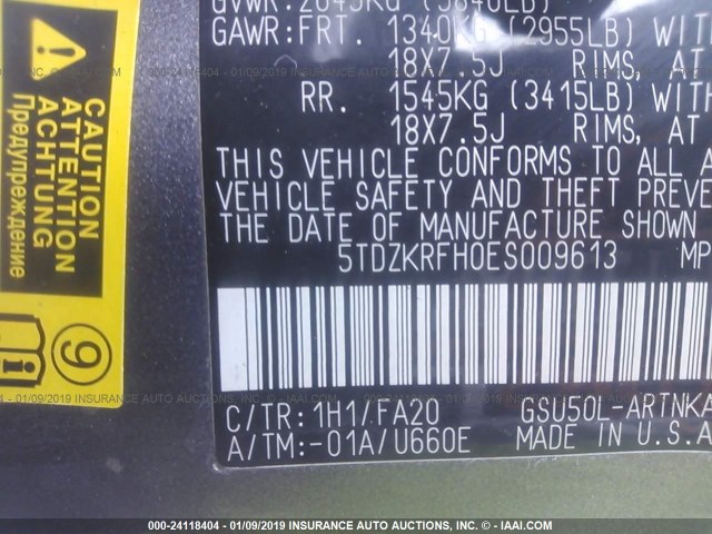 5TDZKRFH0ES009613 - 2014 TOYOTA HIGHLANDER LE/LE PLUS GRAY photo 9