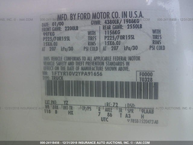 1FTYR10V2YPA91656 - 2000 FORD RANGER WHITE photo 9