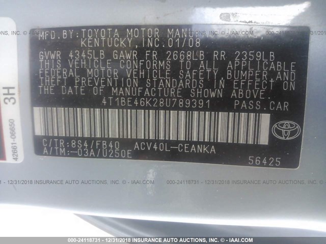 4T1BE46K28U789391 - 2008 TOYOTA CAMRY CE/LE/XLE/SE BLUE photo 9