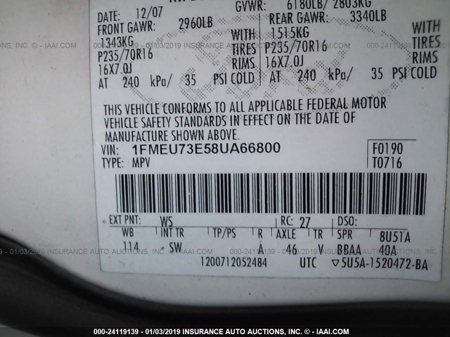 1FMEU73E58UA66800 - 2008 FORD EXPLORER XLT WHITE photo 9