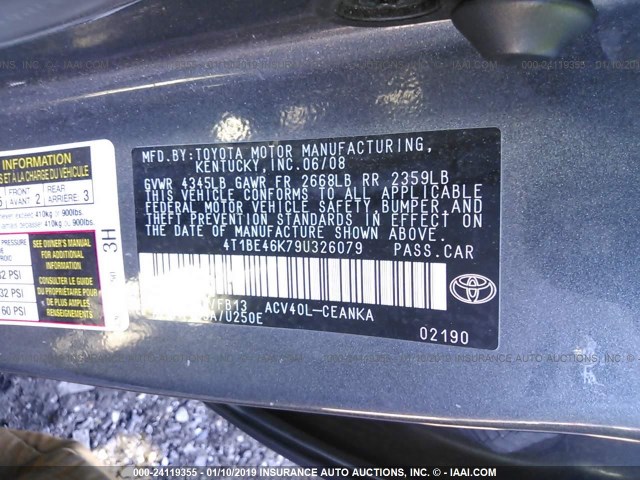 4T1BE46K79U326079 - 2009 TOYOTA CAMRY SE/LE/XLE GRAY photo 9