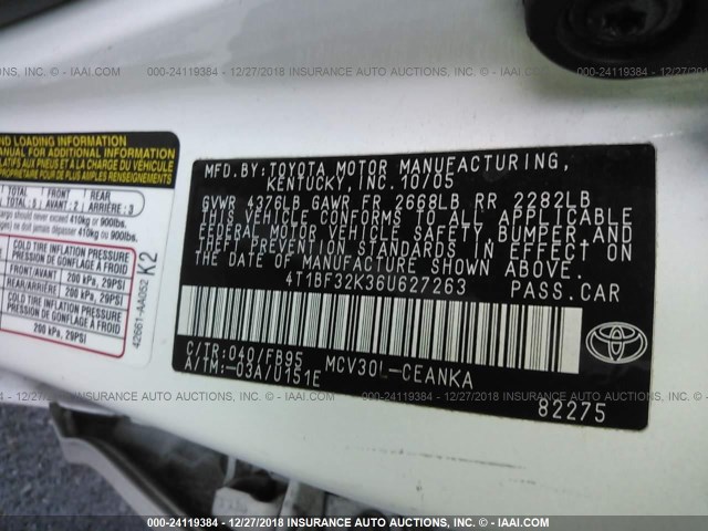 4T1BF32K36U627263 - 2006 TOYOTA CAMRY LE/XLE/SE WHITE photo 9