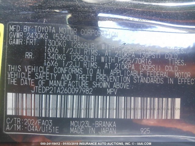 JTEDP21A260097982 - 2006 TOYOTA HIGHLANDER LIMITED BLACK photo 9