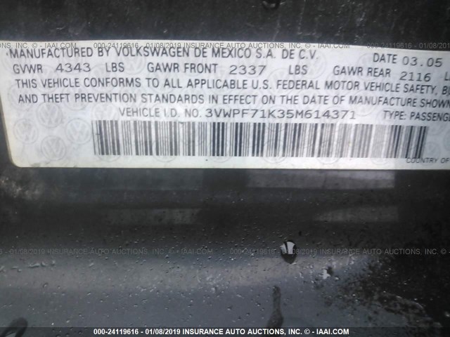 3VWPF71K35M614371 - 2005 VOLKSWAGEN NEW JETTA VALUE BLACK photo 9