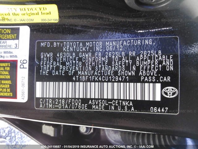 4T1BF1FK4CU129471 - 2012 TOYOTA CAMRY SE/LE/XLE 黑色 照片 9