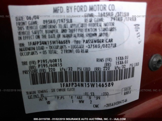 1FAFP34N15W146589 - 2005 FORD FOCUS ZX4 RED photo 9