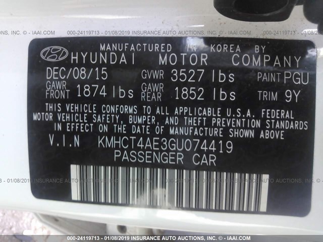 KMHCT4AE3GU074419 - 2016 HYUNDAI ACCENT SE WHITE photo 9