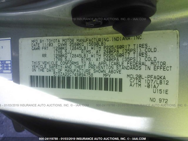 5TDZA22C74S094758 - 2004 TOYOTA SIENNA XLE/XLE LIMITED SILVER photo 9