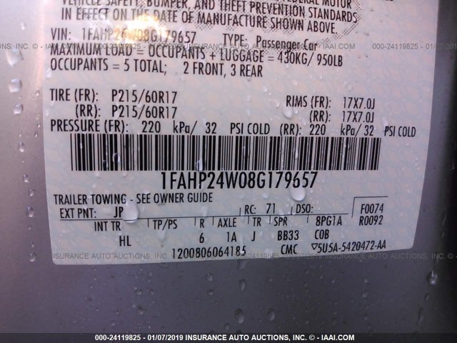 1FAHP24W08G179657 - 2008 FORD TAURUS SEL SILVER photo 9