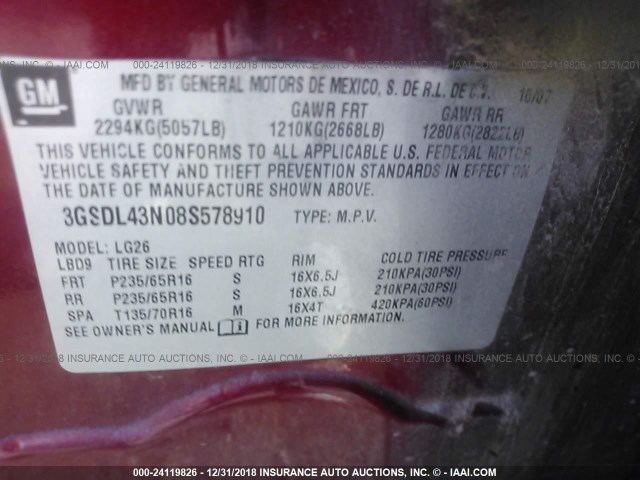 3GSDL43N08S578910 - 2008 SATURN VUE XE RED photo 9