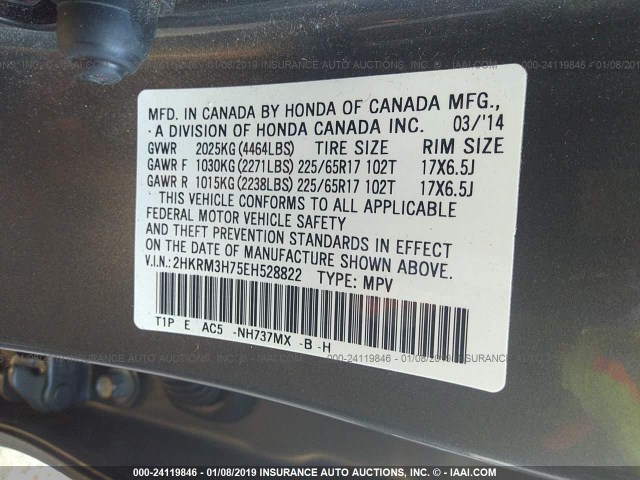 2HKRM3H75EH528822 - 2014 HONDA CR-V EXL GRAY photo 9