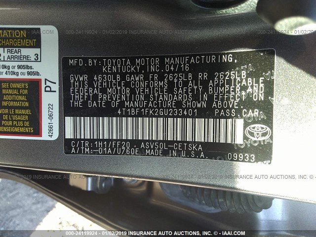 4T1BF1FK2GU233401 - 2016 TOYOTA CAMRY LE/XLE/SE/XSE GRAY photo 9