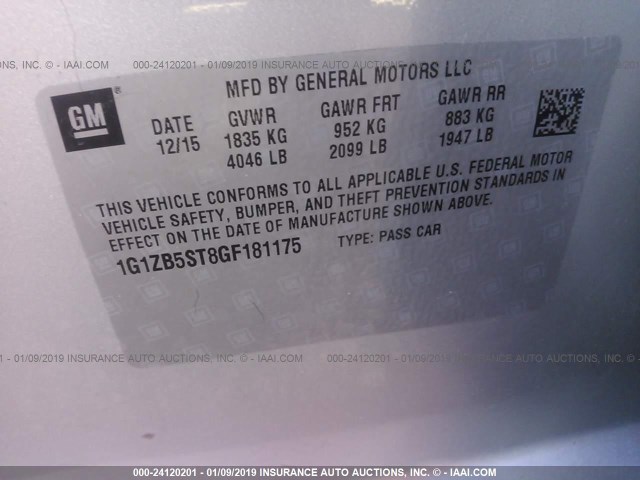 1G1ZB5ST8GF181175 - 2016 CHEVROLET MALIBU LS SILVER photo 9