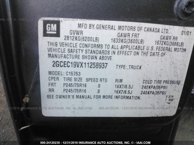 2GCEC19VX11258937 - 2001 CHEVROLET SILVERADO C1500 GRAY photo 9