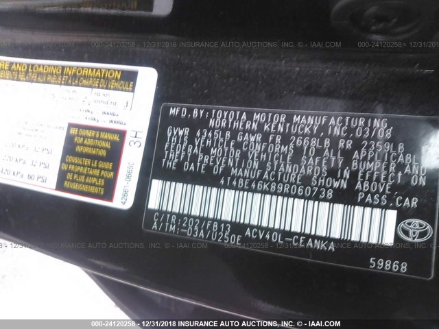 4T4BE46K89R060738 - 2009 TOYOTA CAMRY SE/LE/XLE 黑色 照片 9