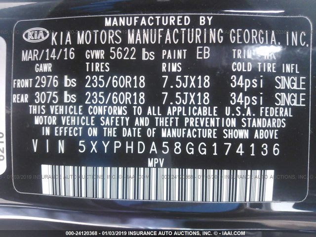 5XYPHDA58GG174136 - 2016 KIA SORENTO EX BLACK photo 9