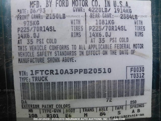 1FTCR10A3PPB20510 - 1993 FORD RANGER GREEN photo 9