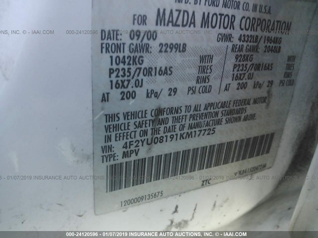 4F2YU08191KM17725 - 2001 MAZDA TRIBUTE LX/ES თეთრი ფოტო 9