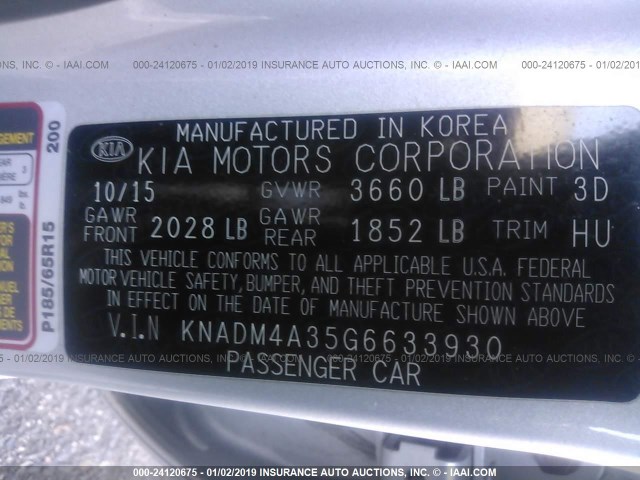 KNADM4A35G6633930 - 2016 KIA RIO LX SILVER photo 9