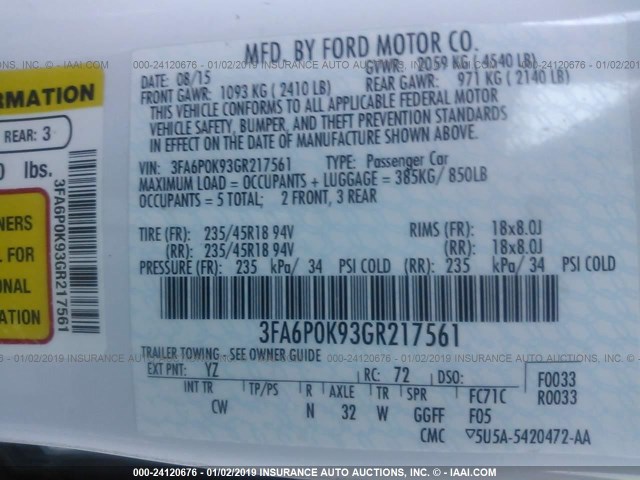 3FA6P0K93GR217561 - 2016 FORD FUSION TITANIUM WHITE photo 9