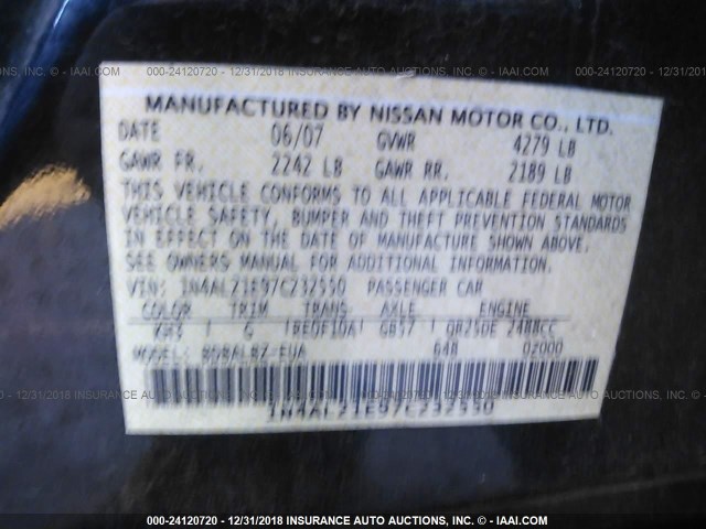 1N4AL21E97C232550 - 2007 NISSAN ALTIMA 2.5/2.5S BLACK photo 9