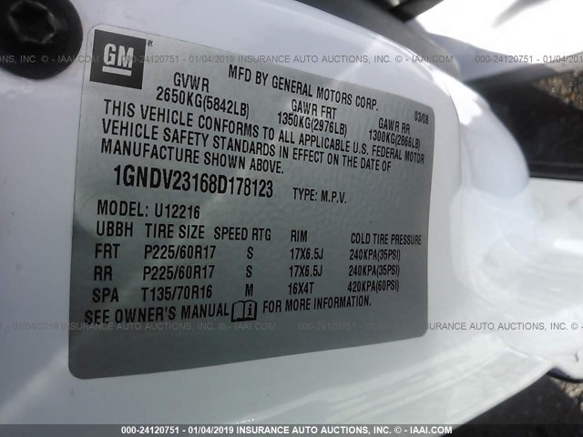 1GNDV23168D178123 - 2008 CHEVROLET UPLANDER LS WHITE photo 9