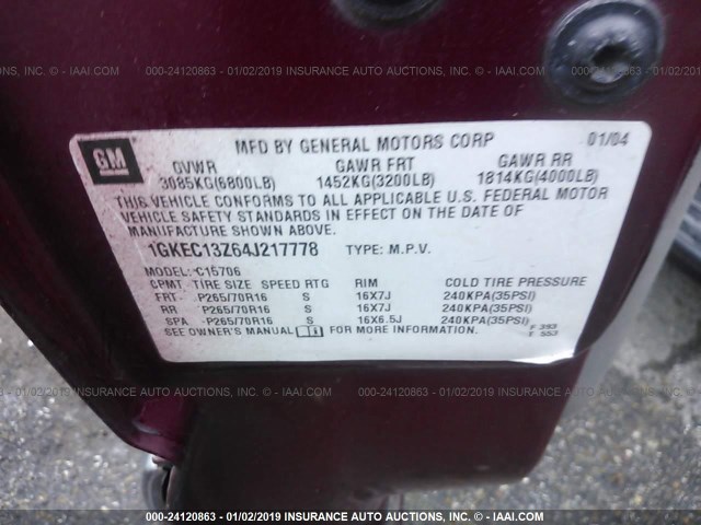 1GKEC13Z64J217778 - 2004 GMC YUKON MAROON photo 9