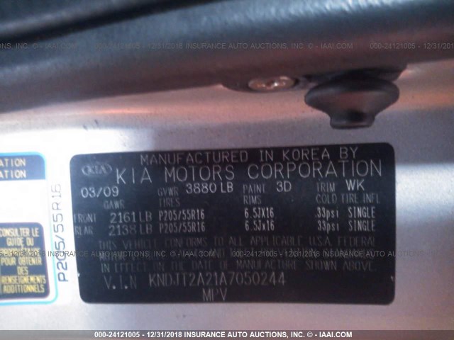 KNDJT2A21A7050244 - 2010 KIA SOUL +/!/SPORT SILVER photo 9