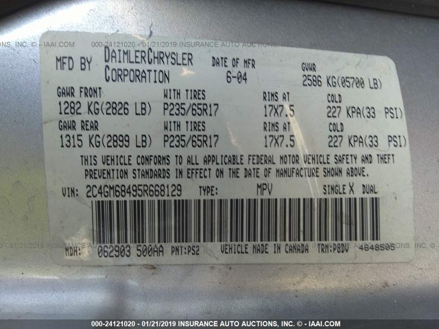 2C4GM68495R668129 - 2005 CHRYSLER PACIFICA TOURING GRAY photo 9
