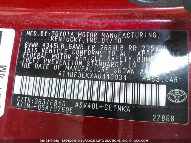 4T1BF3EKXAU110031 - 2010 TOYOTA CAMRY SE/LE/XLE RED photo 9