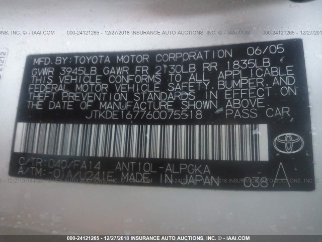 JTKDE167760075518 - 2006 TOYOTA SCION TC 白色 照片 8