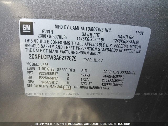2CNFLCEW8A6272879 - 2010 CHEVROLET EQUINOX BROWN photo 9