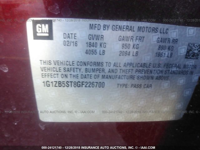 1G1ZB5ST8GF226700 - 2016 CHEVROLET MALIBU LS 栗色 照片 9