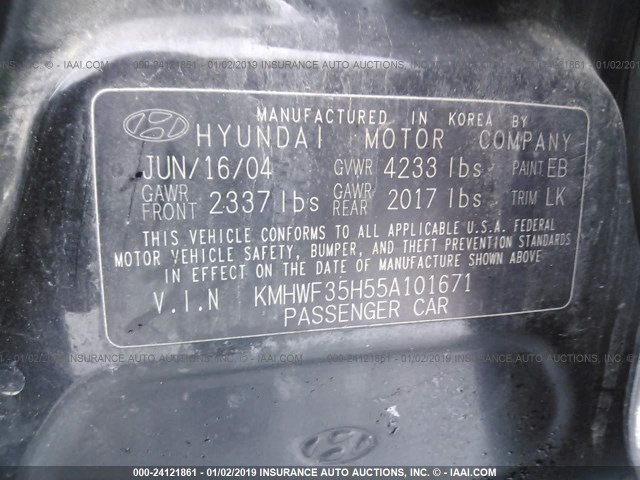 KMHWF35H55A101671 - 2005 HYUNDAI SONATA GLS/LX BLACK photo 9