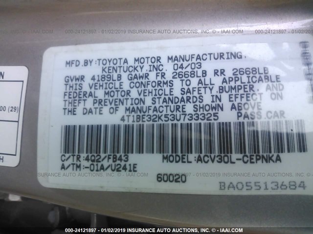 4T1BE32K53U733325 - 2003 TOYOTA CAMRY LE/XLE/SE GOLD photo 9