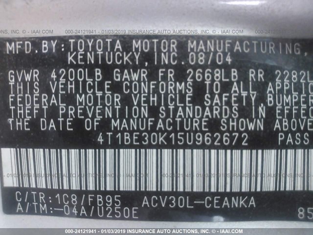 4T1BE30K15U962672 - 2005 TOYOTA CAMRY LE/XLE/SE SILVER photo 9