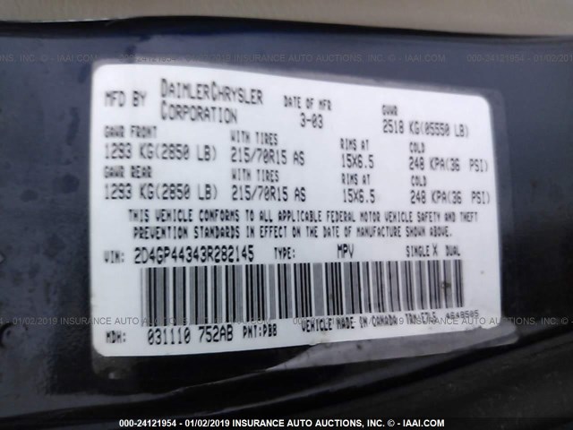 2D4GP44343R282145 - 2003 DODGE GRAND CARAVAN SPORT BLUE photo 9