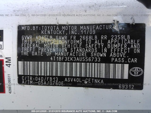 4T1BF3EK3AU556733 - 2010 TOYOTA CAMRY SE/LE/XLE 白色 照片 9