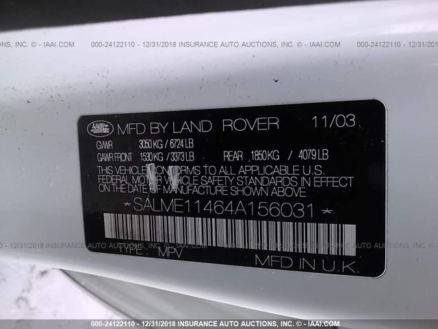 SALME11464A156031 - 2004 LAND ROVER RANGE ROVER HSE WHITE photo 9