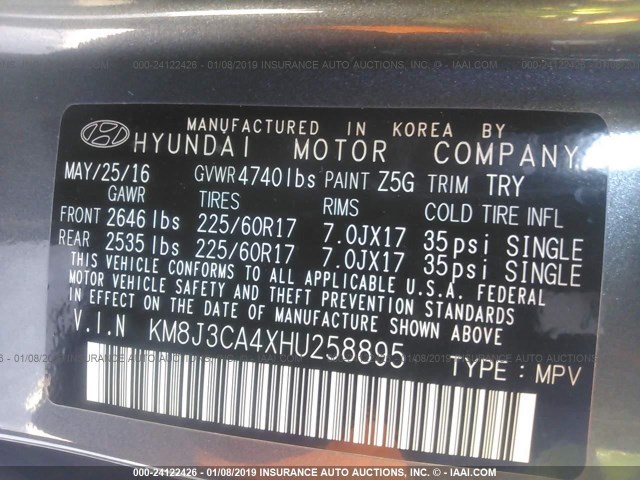 KM8J3CA4XHU258895 - 2017 HYUNDAI TUCSON LIMITED/SPORT AND ECO/SE GRAY photo 9