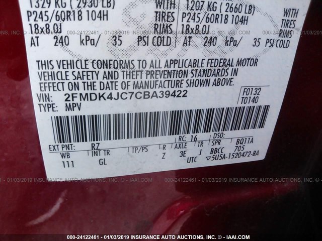 2FMDK4JC7CBA39422 - 2012 FORD EDGE SEL RED photo 9