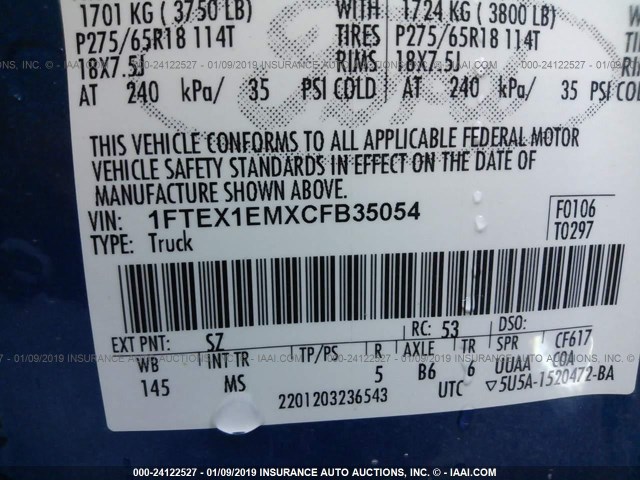 1FTEX1EMXCFB35054 - 2012 FORD F150 SUPER CAB BLUE photo 9