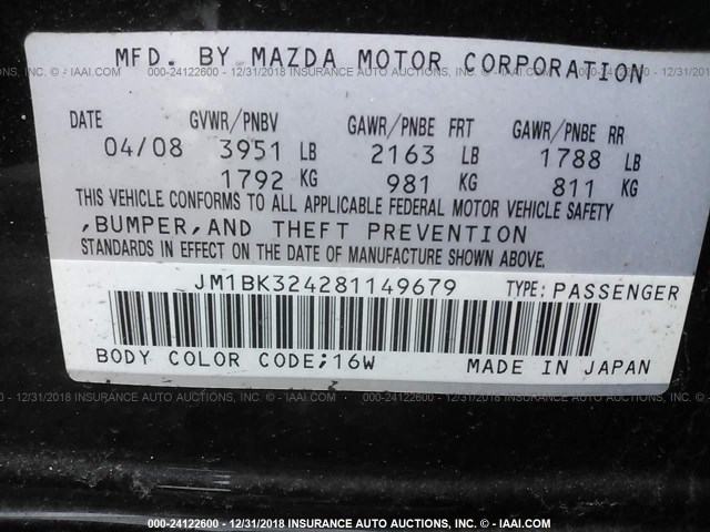 JM1BK324281149679 - 2008 MAZDA 3 S BLACK photo 9