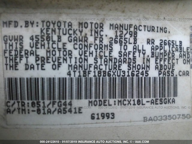 4T1BF18B6XU316245 - 1999 TOYOTA AVALON XL/XLS WHITE photo 9